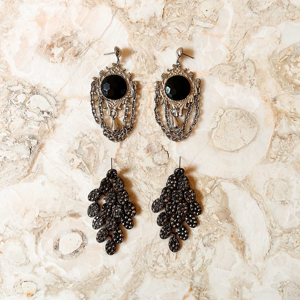 Bundle (2) Lux Black Vintage Deco Victorian Gothic Style Earrings Drop Chain